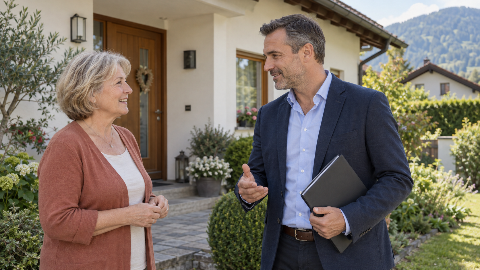 Immobilienmitarbeiter im Gespräch mit einer Eigentümerin vor ihrem Haus